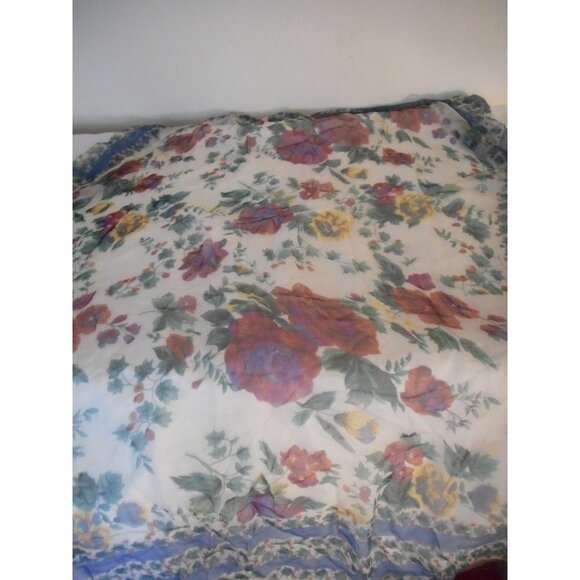 Vintage Sheer Red Blue Floral large square scarf Estate Find - Picture 2 of 4